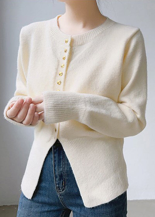 Simple Beige O Neck Button Patchwork Cotton Knit Tops Fall TU055