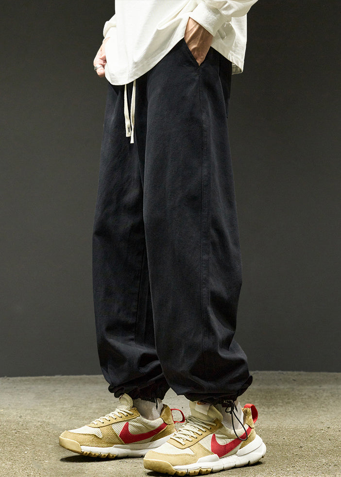 Simple Black Drawstring Solid Warm Fleece Men Beam Pants Spring RM059