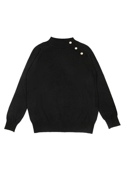 Simple Black O-Neck Button Knit Sweaters Long Sleeve TU052