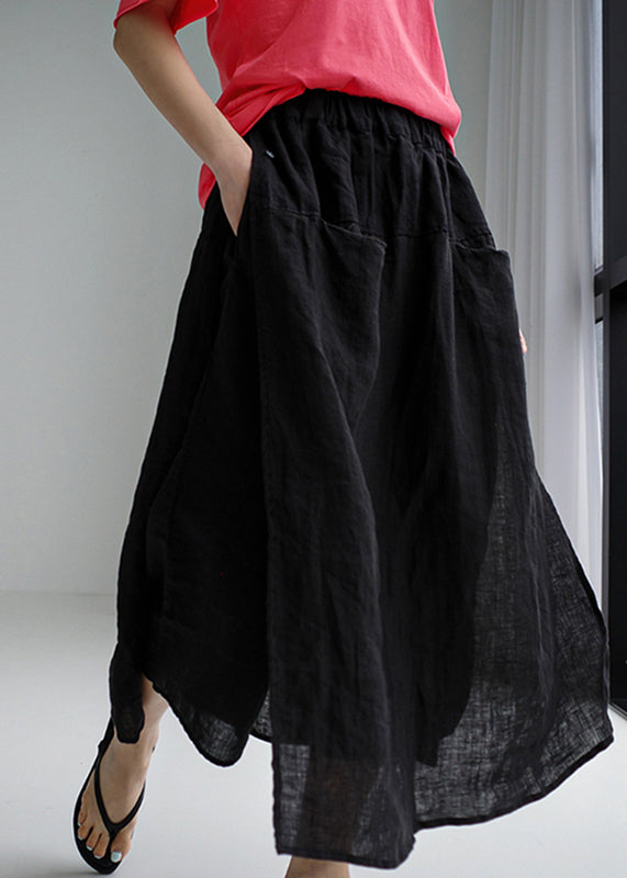 Simple Black Side Open Linen Pants Skirt Summer TZ029