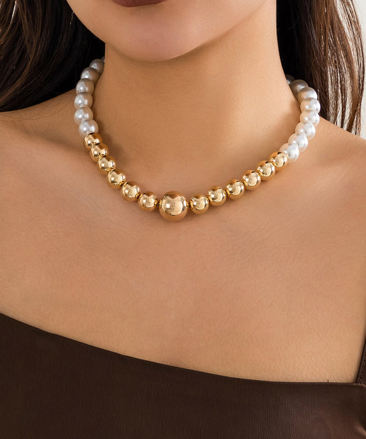 Simple Gold Alloy Pearl Patchwork Tassel Gratuated Bead Necklace YR008