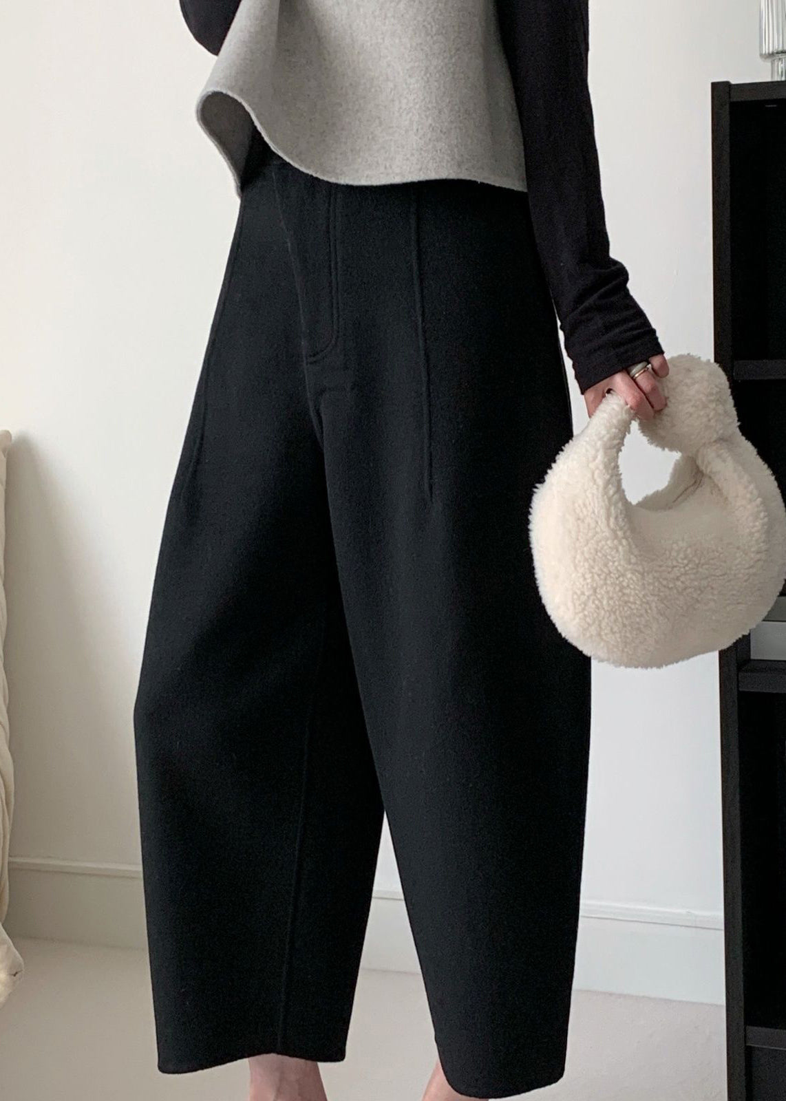 Simple Grey Button High Waist Woolen Crop Pants Winter RF021