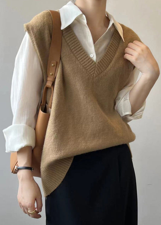 Simple Khaki V Neck Cozy Cashmere Knit Waistcoat Sleeveless TU014