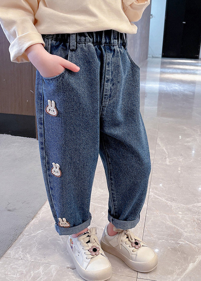 Simple Navy Patchwork Elastic Waist Girls Dnim Pants TV014