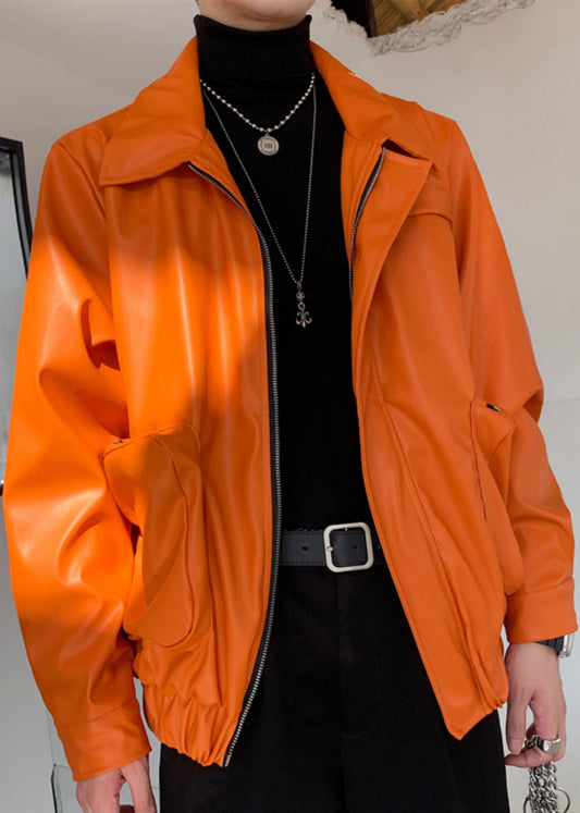 Simple Orange Zippered Pockets Faux Leather Mens Coats Spring RN031