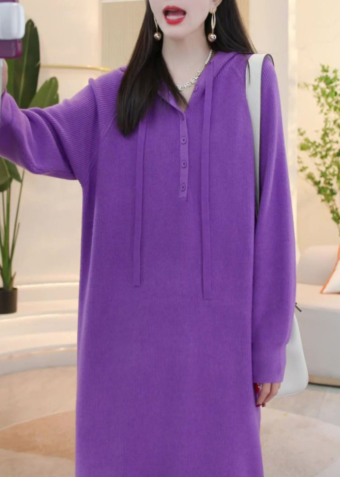 Simple Purple Hooded Button Solid Knit Sweater Dress Winter WM023