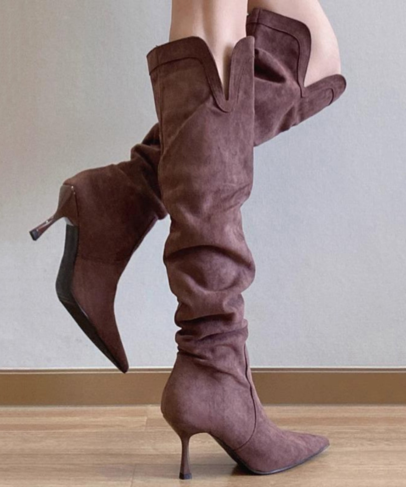 Simple Splicing High Heel Boots Purple Suede TP009