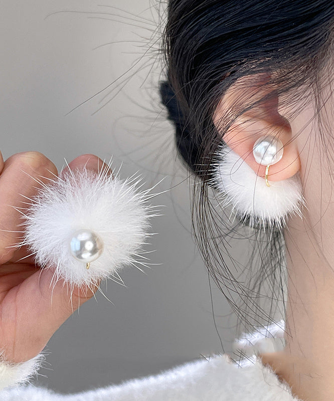 Simple White Copper Alloy Mink Hair Pearl Stud Earrings TS012