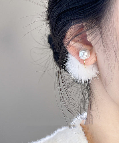 Simple White Copper Alloy Mink Hair Pearl Stud Earrings TS012