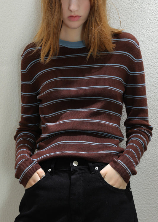 Slim Fit Coffee Striped Patchwork Cozy Knit Tops Fall  TU059