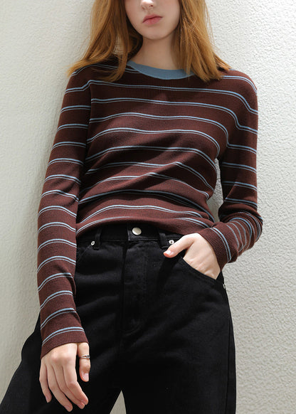 Slim Fit Coffee Striped Patchwork Cozy Knit Tops Fall  TU059