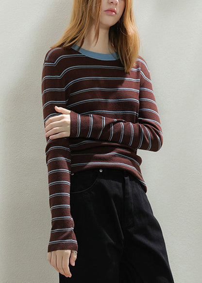 Slim Fit Coffee Striped Patchwork Cozy Knit Tops Fall  TU059