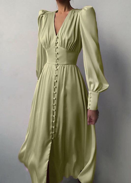 Robe longue en soie froissée à col en V vert coupe ajustée et manches bouffantes ZL061