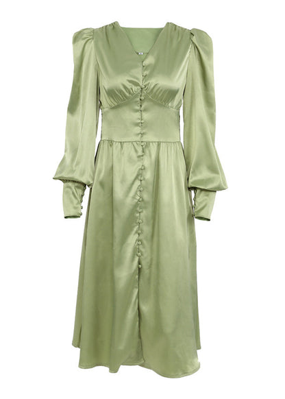 Slim Fit Green V Neck Wrinkled Silk Maxi Dress Puff Sleeve ZL061