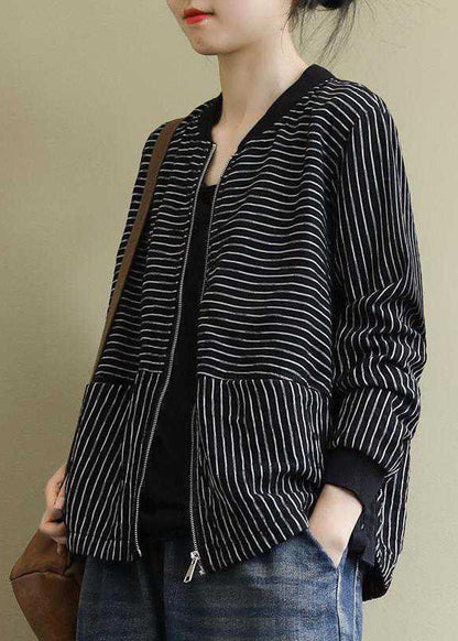 Street Black Striped zippered Pockets Fall Jacket Long sleeve QS060