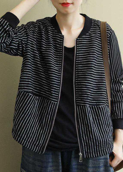 Street Black Striped zippered Pockets Fall Jacket Long sleeve QS060