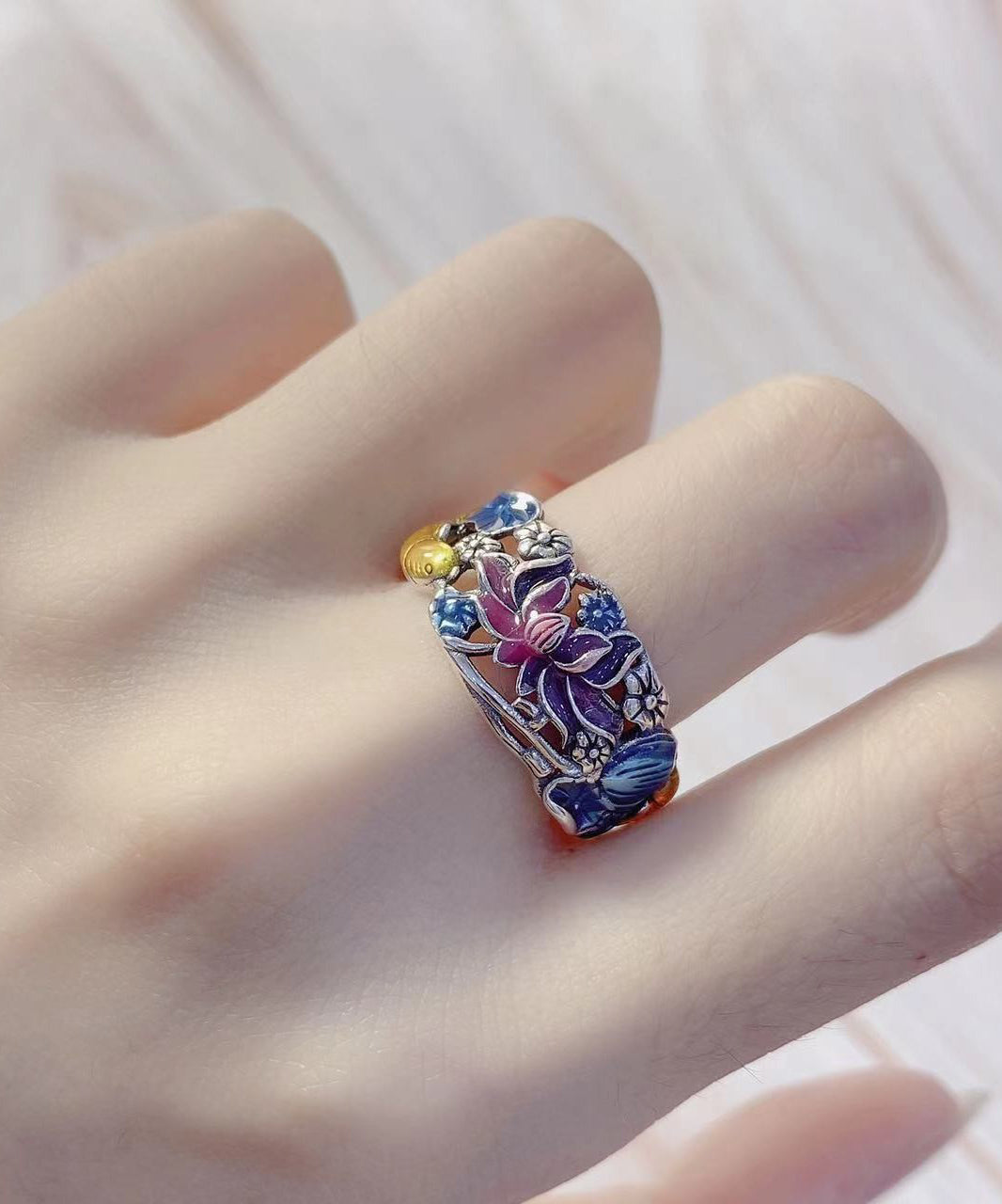 Style Blue Sterling Silver Cloisonne Brocaded Carp Rings YI021