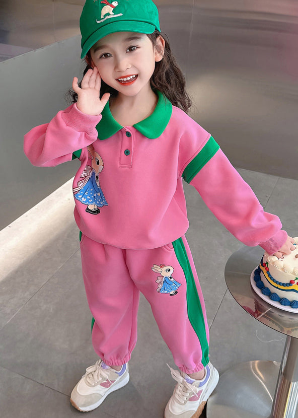 Style Pink Peter Pan Collar Patchwork Animal Kids Top And Pants Two Pieces Set Spring TR019