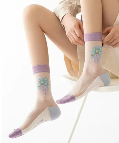 Chaussettes mi-mollet en maille transparente et jacquard fine de style KJ052