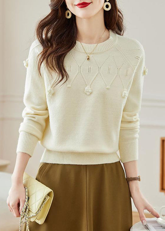 Stylish Beige O Neck Hollow Out Knit Sweater Fall QS011