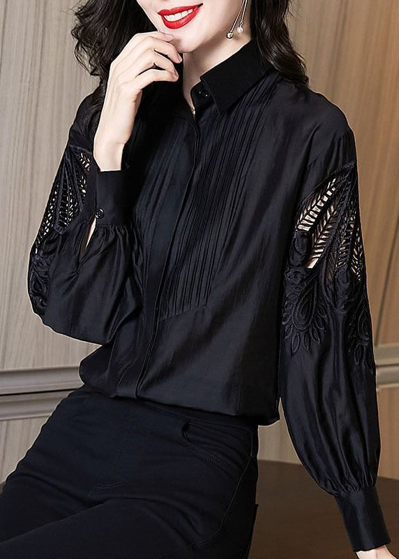 Stylish Black Embroidered Hollow Out Shirt Puff Sleeve TE026