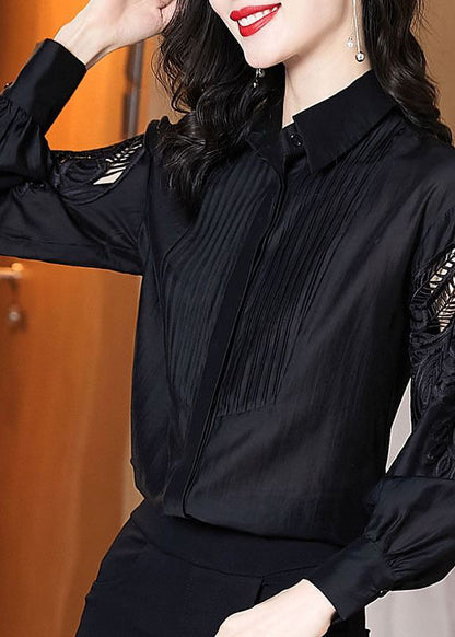 Stylish Black Embroidered Hollow Out Shirt Puff Sleeve TE026