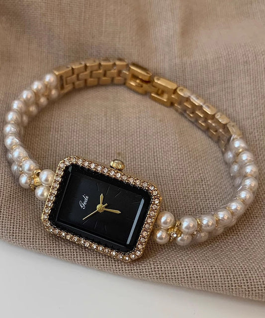 Stylish Black Metal Square Chain Pearl Watch YI049