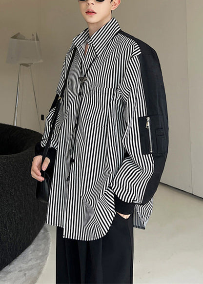 Stylish Black Striped Patchwork Cotton Men Shirts Fall RO014