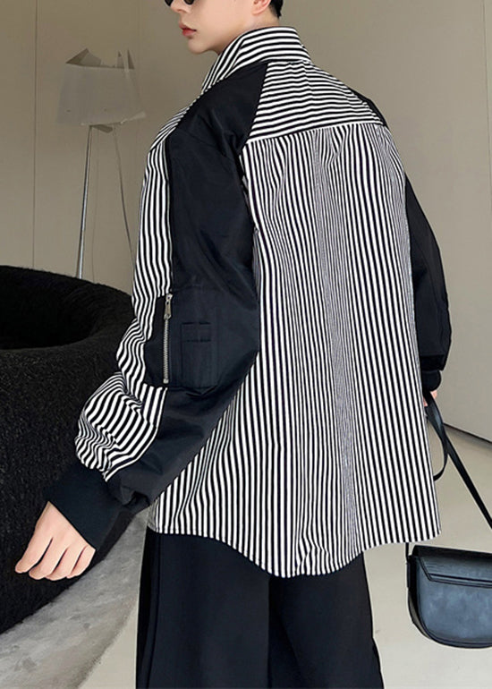 Stylish Black Striped Patchwork Cotton Men Shirts Fall RO014