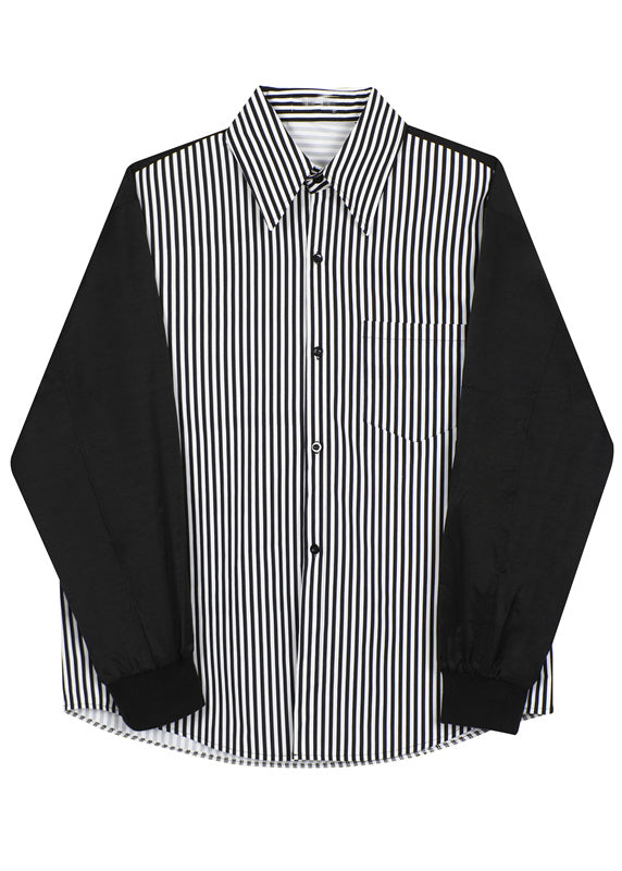 Stylish Black Striped Patchwork Cotton Men Shirts Fall RO014