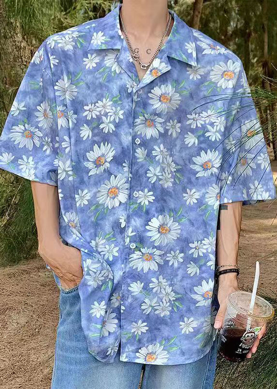 Stilvolle blau gepunktete Daisy Print Männer Hawaiian Shirts Sommer HG034