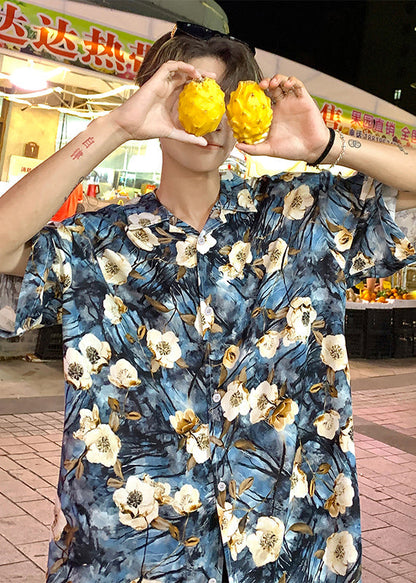 Stylish Blue Dotted Daisy Print Men Hawaiian Shirts Summer HG034