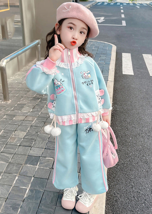 Stylish Blue Ruffled Patchwork Kids Coats And Straight Pants Two Pieces Set Spring TR027