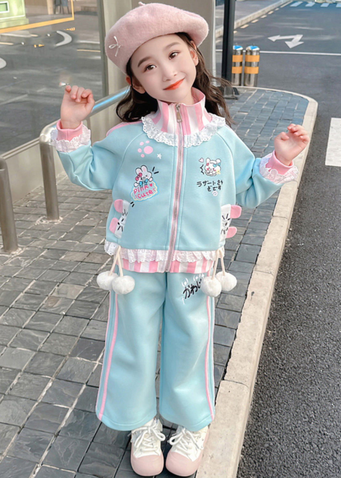 Stylish Blue Ruffled Patchwork Kids Coats And Straight Pants Two Pieces Set Spring TR027