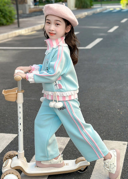 Stylish Blue Ruffled Patchwork Kids Coats And Straight Pants Two Pieces Set Spring TR027