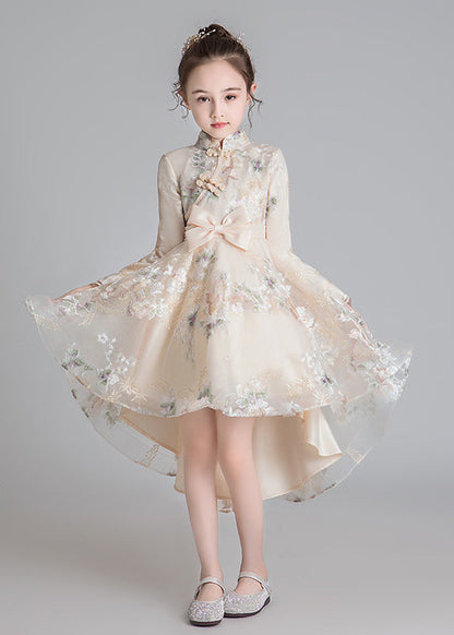 Robe longue en tulle à col montant et broderies pour filles, élégante, couleur champagne, automne QV002