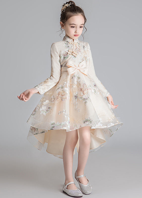 Robe longue en tulle à col montant et broderies pour filles, élégante, couleur champagne, automne QV002