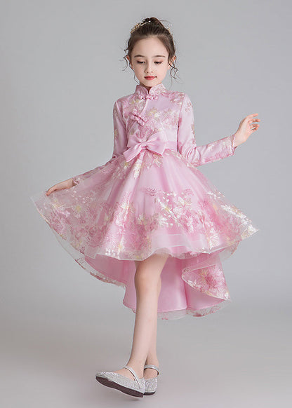 Robe longue en tulle à col montant et broderies pour filles, élégante, couleur champagne, automne QV002