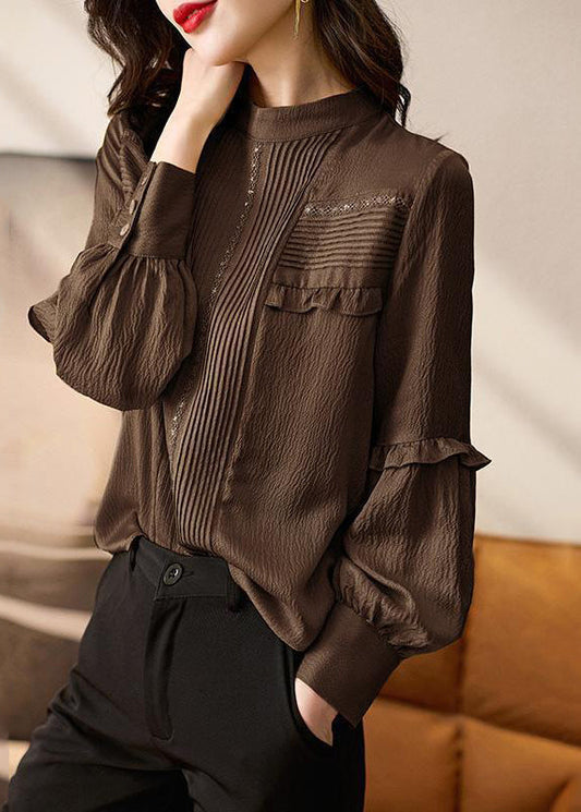 Stylish Chocolate O-Neck Ruffled Patchwork Shirt Spring TE027