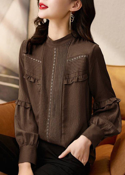 Stylish Chocolate O-Neck Ruffled Patchwork Shirt Spring TE027