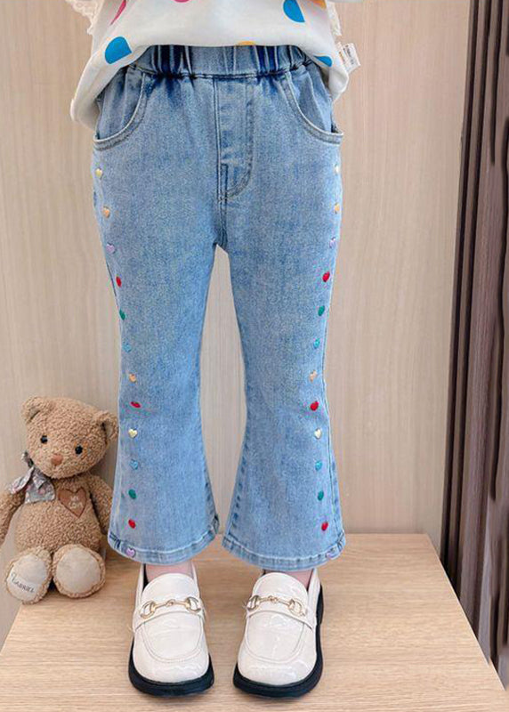 Stylish Denim Blue Patchwork Pockets Kids Girls Crop Flared Pants Spring TV022