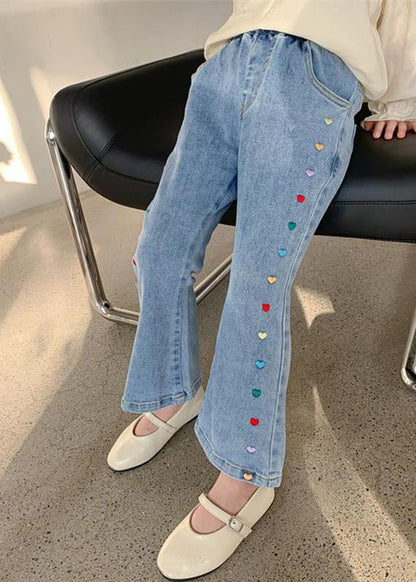 Stylish Denim Blue Patchwork Pockets Kids Girls Crop Flared Pants Spring TV022