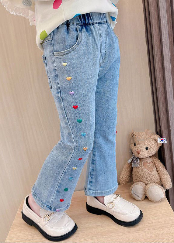 Stylish Denim Blue Patchwork Pockets Kids Girls Crop Flared Pants Spring TV022