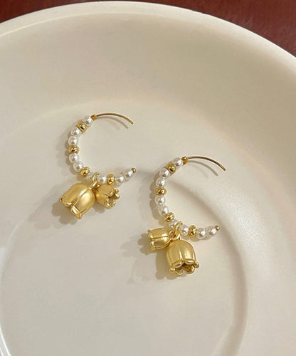 Stylish Gold Sterling Silver Alloy Pearl Small Bell Hoop Earring QQ036