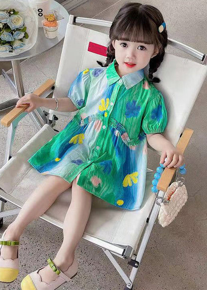 Stylish Green Ruffled Button Cotton Girls Shirt Dresses Summer XZ060