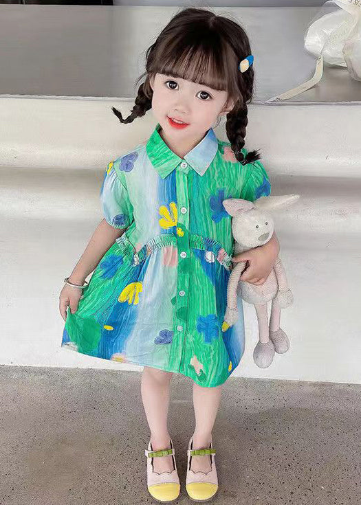 Stylish Green Ruffled Button Cotton Girls Shirt Dresses Summer XZ060