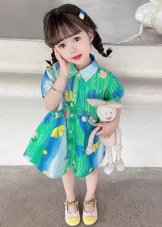 Stylish Green Ruffled Button Cotton Girls Shirt Dresses Summer XZ060