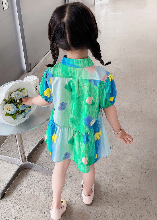 Stylish Green Ruffled Button Cotton Girls Shirt Dresses Summer XZ060