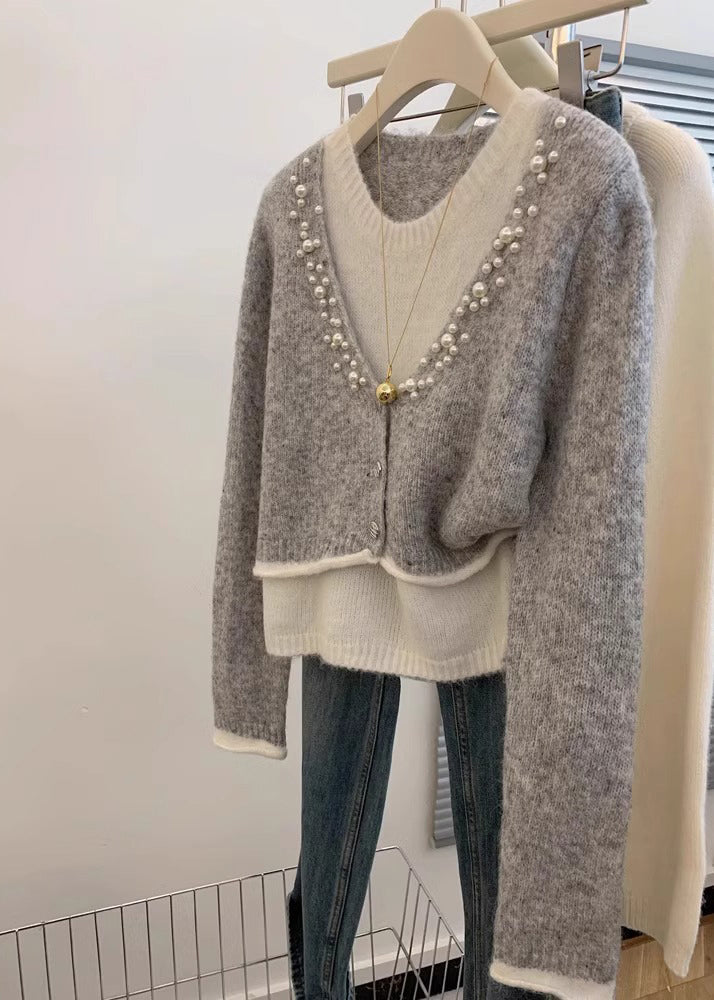 Pull en tricot gris perle élégant en deux pièces pour l'hiver WK026