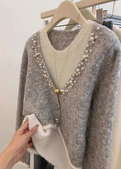 Pull en tricot gris perle élégant en deux pièces pour l'hiver WK026